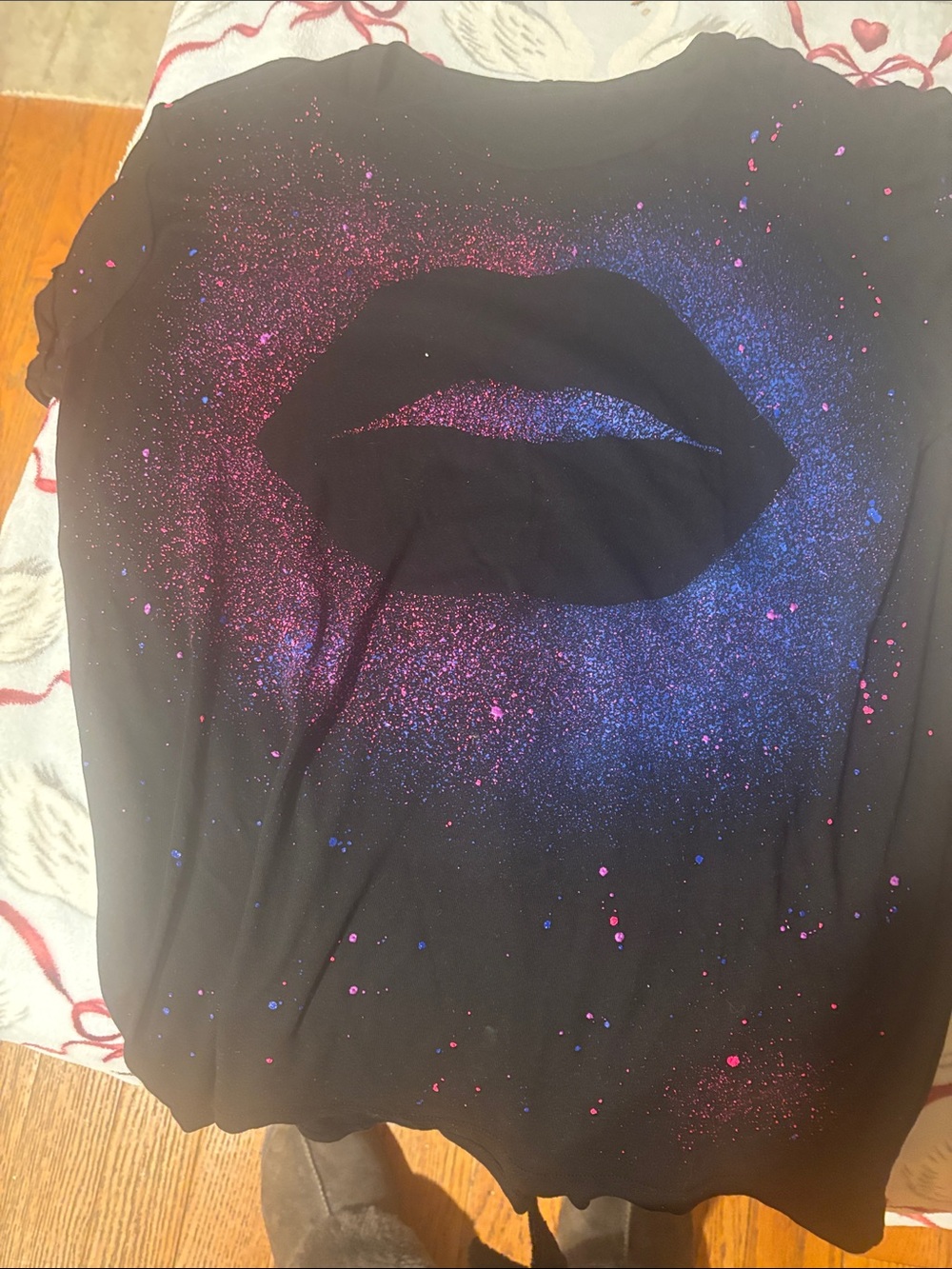 Lauren Moshi Black Tee with Pink and Blue Glitter Lip Graphic